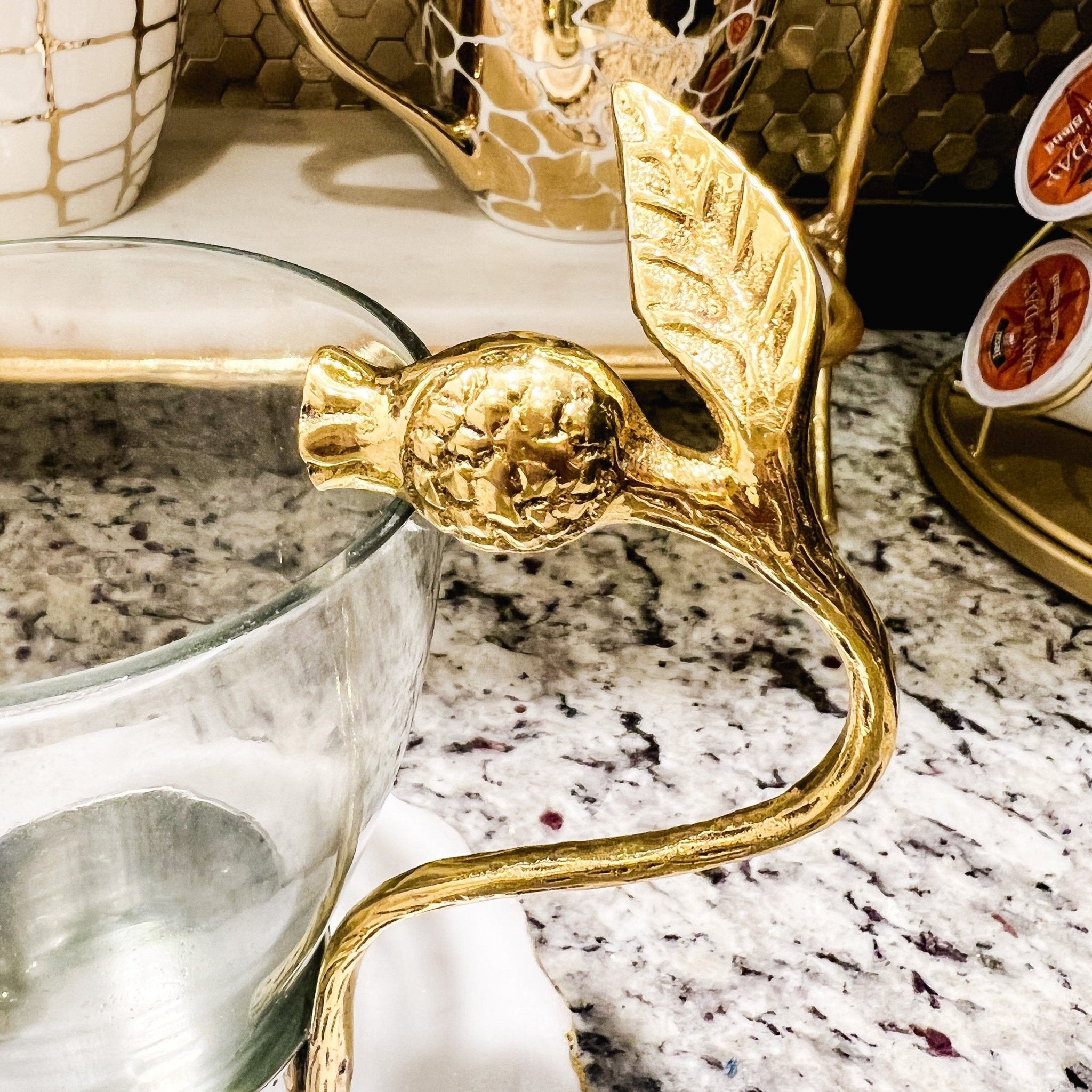 Glass Mug with Silver Base and Gold Pomegranate Detail Handle - DiamondValeDecor