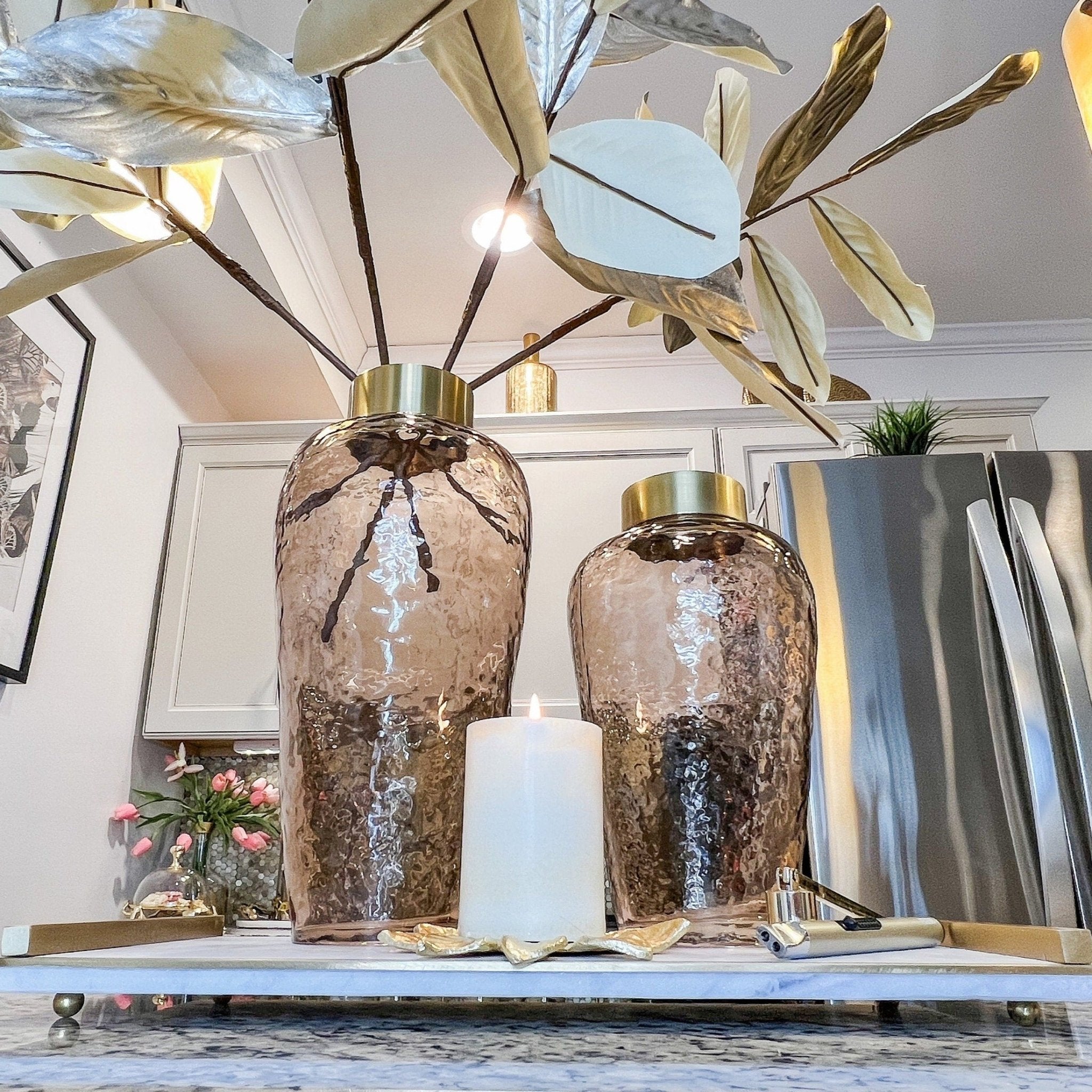Glass Vase with Gold Band (11", 14") | Amethyst Vase | Gold Glass Vase Centerpiece | Tall Flower Vase | Glam Vase | Housewarming Gift - DiamondValeDecor