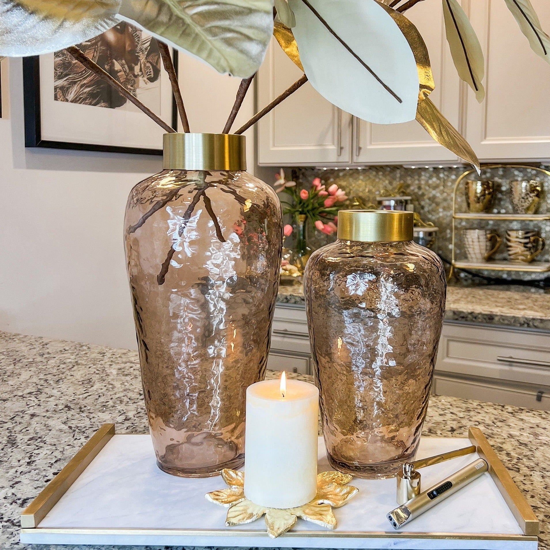 Glass Vase with Gold Band (11", 14") | Amethyst Vase | Gold Glass Vase Centerpiece | Tall Flower Vase | Glam Vase | Housewarming Gift - DiamondValeDecor