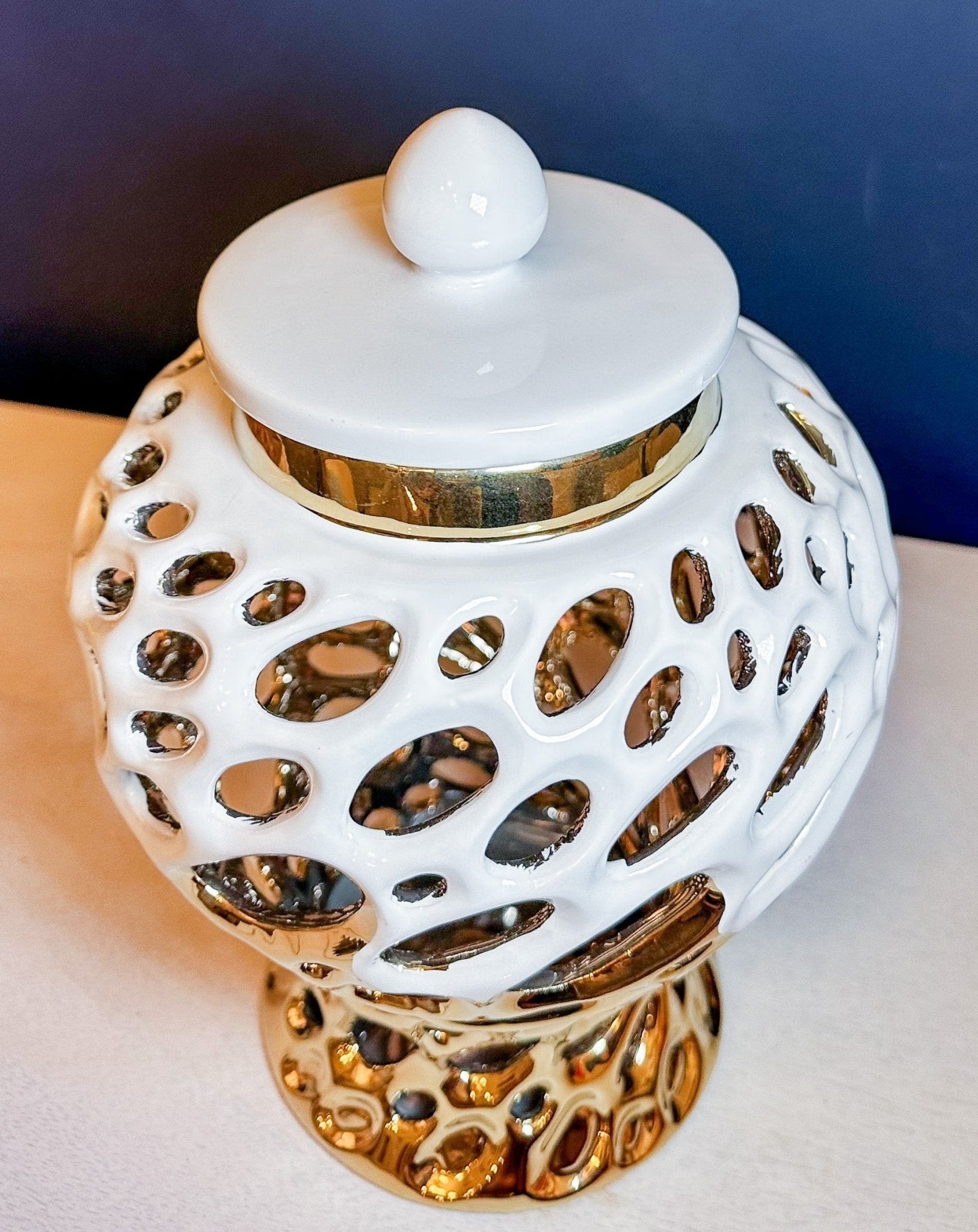 Gold and White Pierced Ceramic Ginger Jar with Marble Lid - DiamondVale