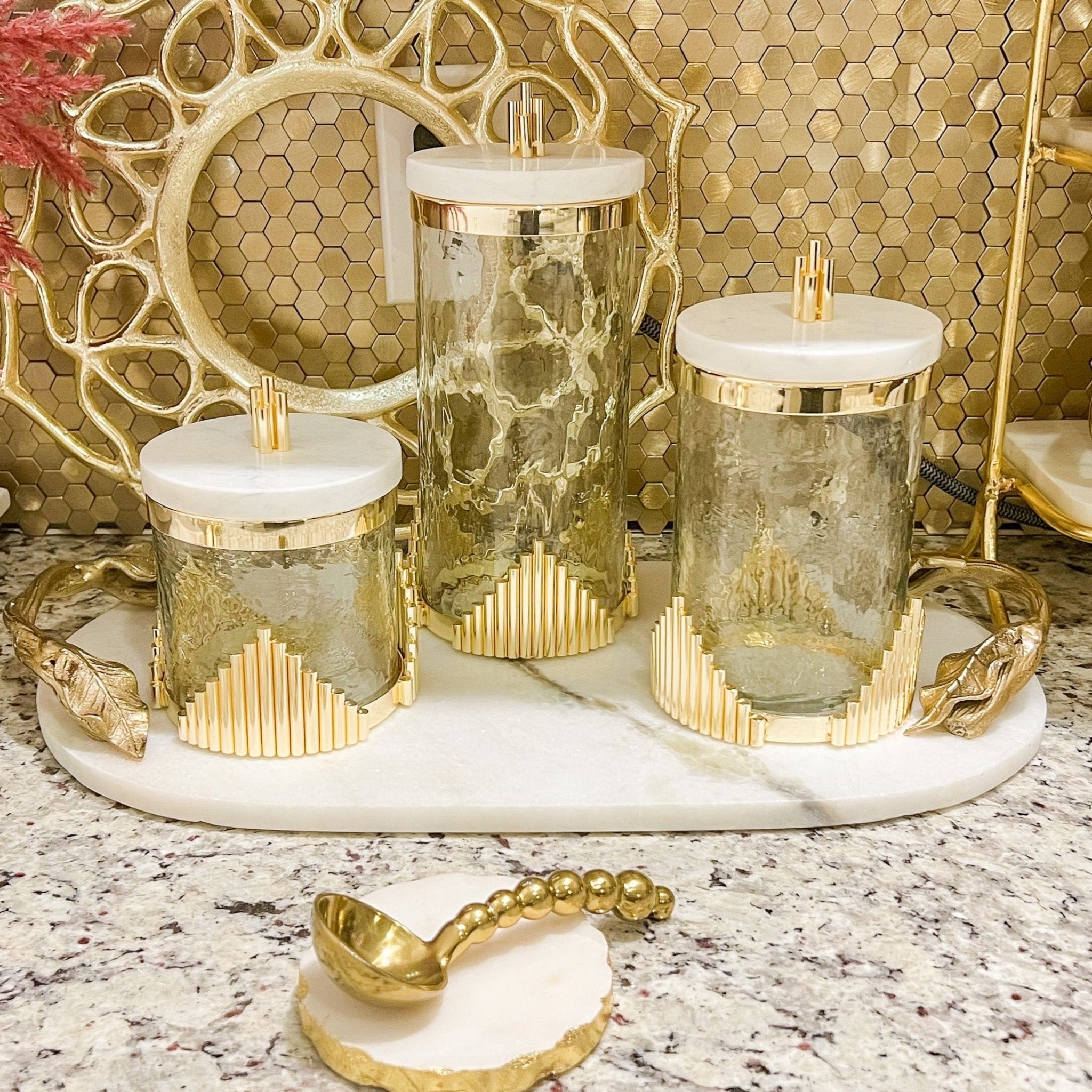 Gold Diamond and Marble Design Glass Canister with Lid (Set of 3) - DiamondValeDecor