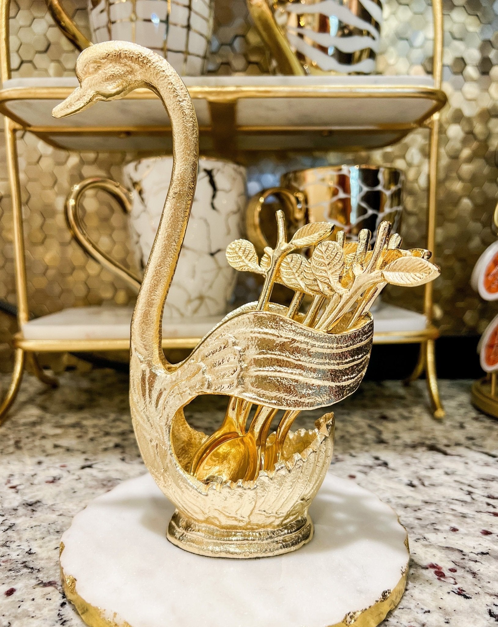 Gold Swan Spoon Holder with 6 Spoons - DiamondValeDecor