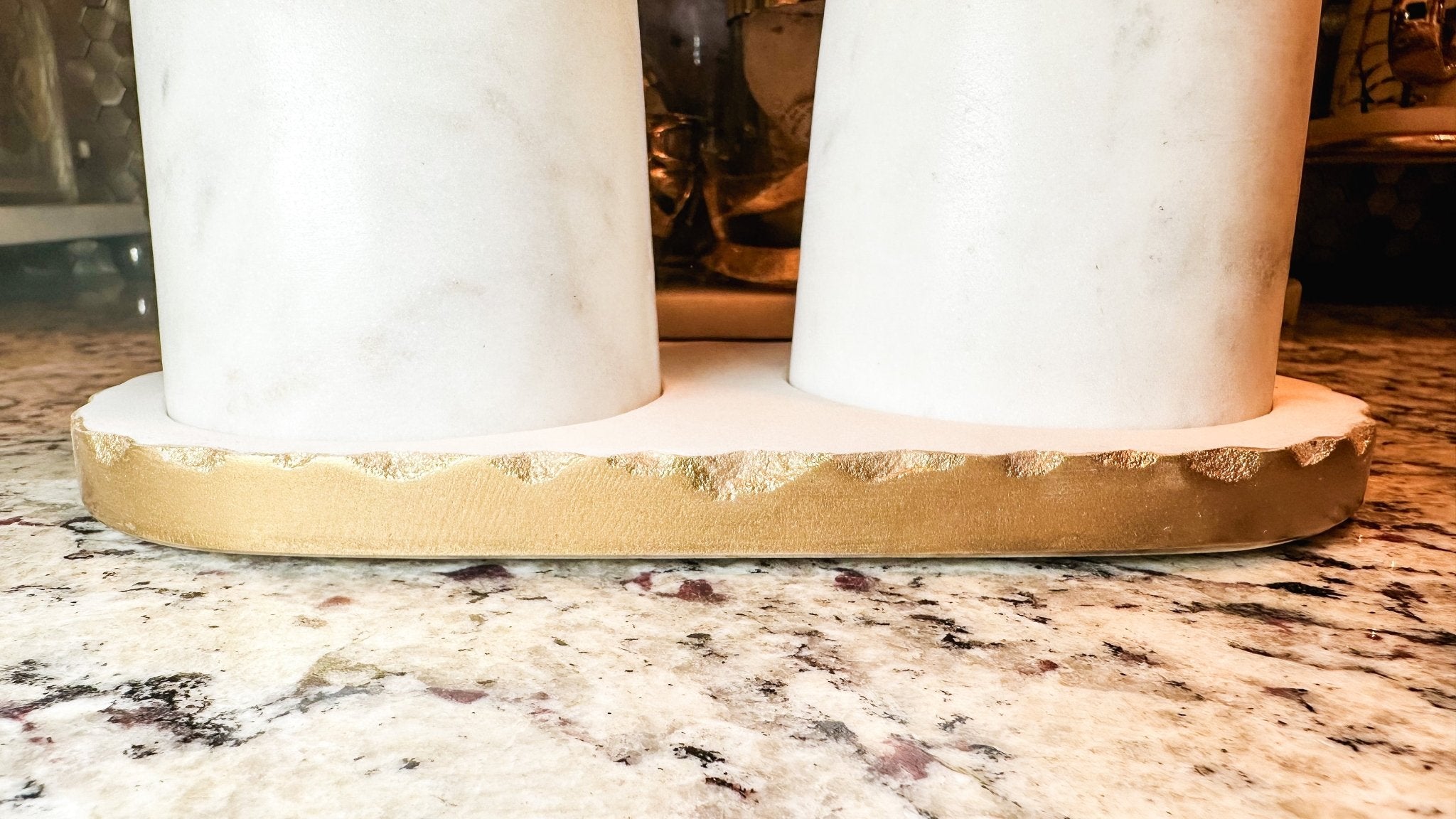 Large Hammered Gold and Marble Salt and Pepper Shaker Set with Marble Base - DiamondVale
