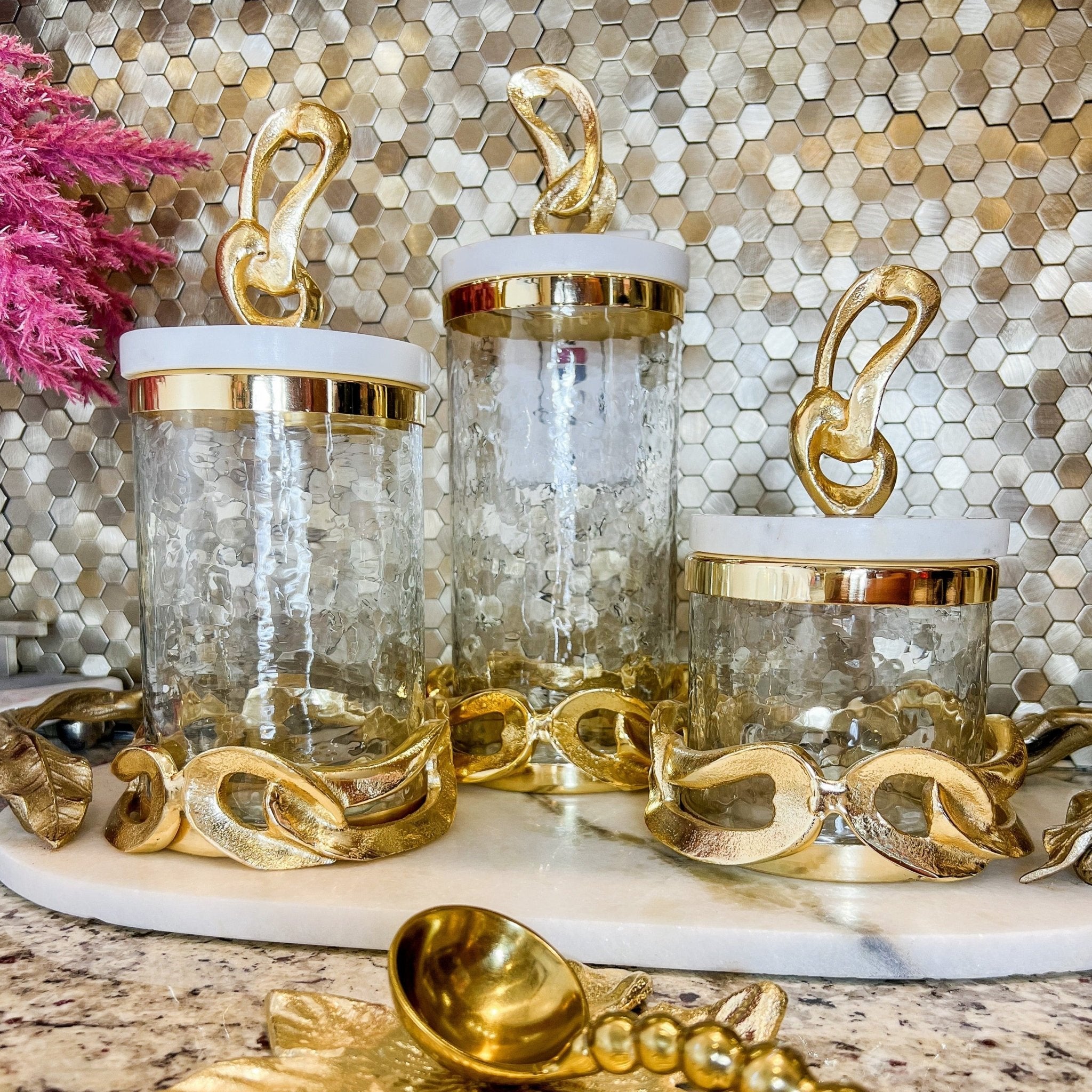 Marble Gold Glass Canister with Lid (Set of 3) - DiamondValeDecor