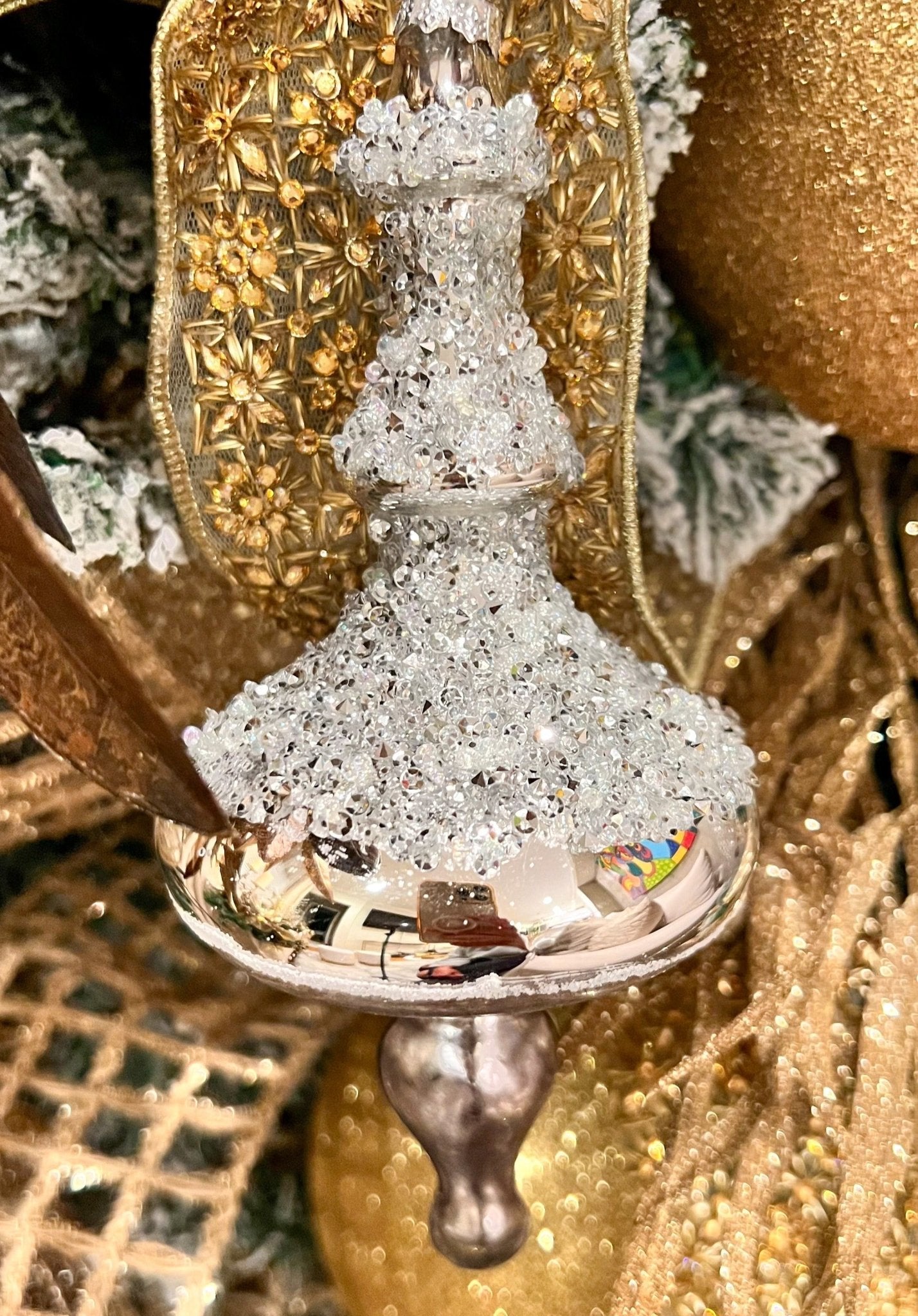Platinum & Bronze Jeweled Glass Drop Ornament (Set of 2) - DiamondValeDecor