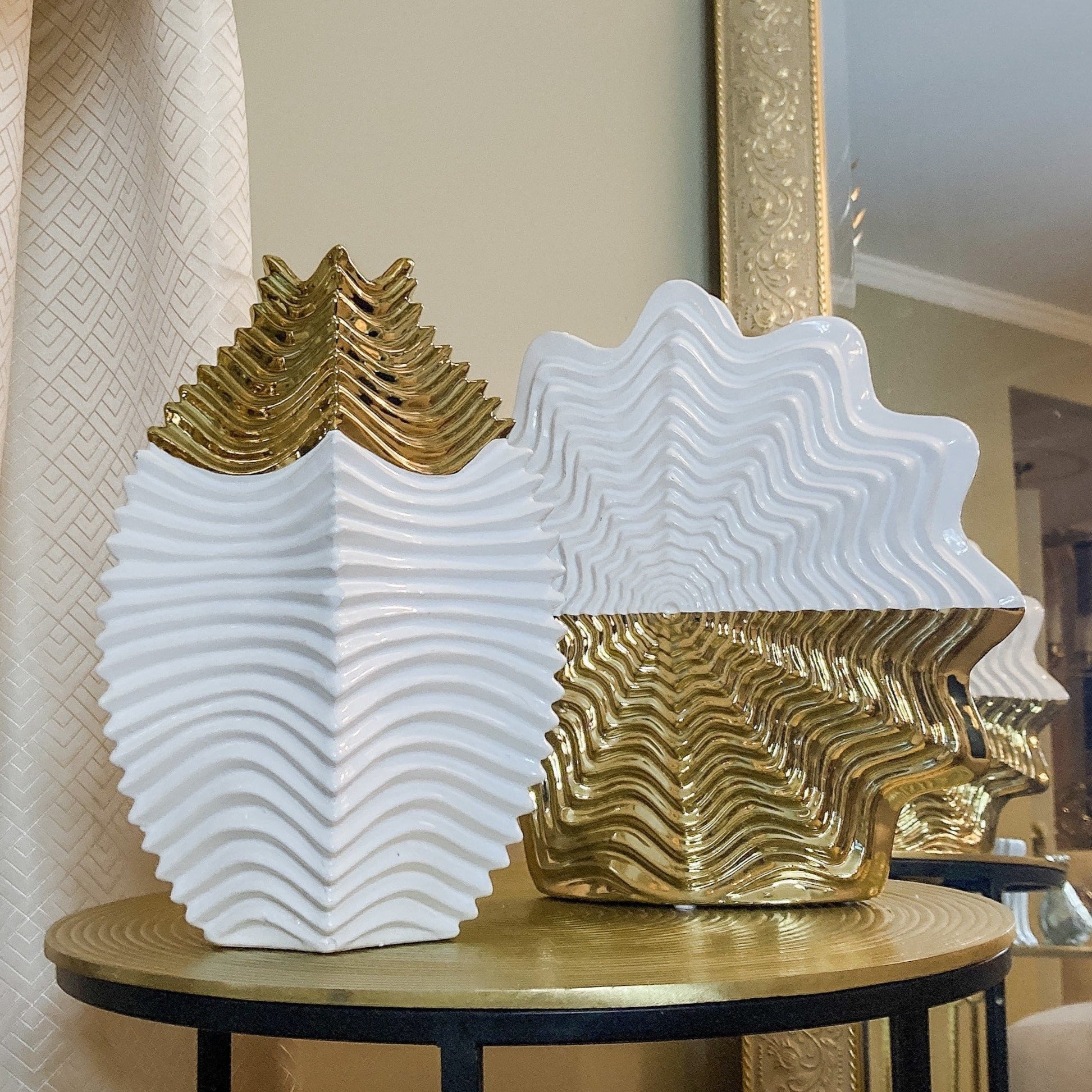 Round White and Gold Porcelain Vase (11") | Gold Vase Centerpiece | Porcelain Gold Vase | White Flower Vase | Glam Vase | Housewarming Gift - DiamondValeDecor