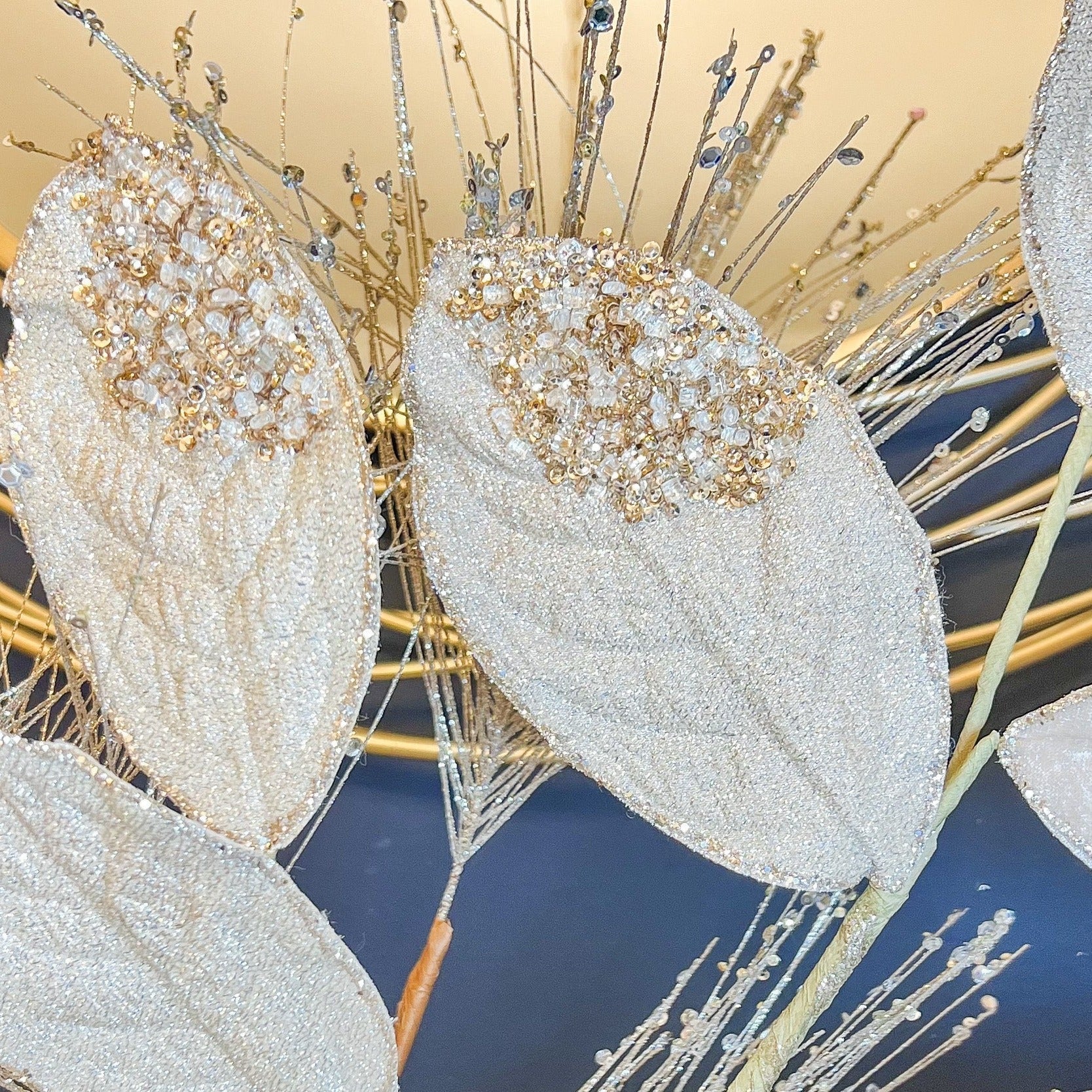 Velvet Beaded Champagne Magnolia Leaf Spray (28") - DiamondVale