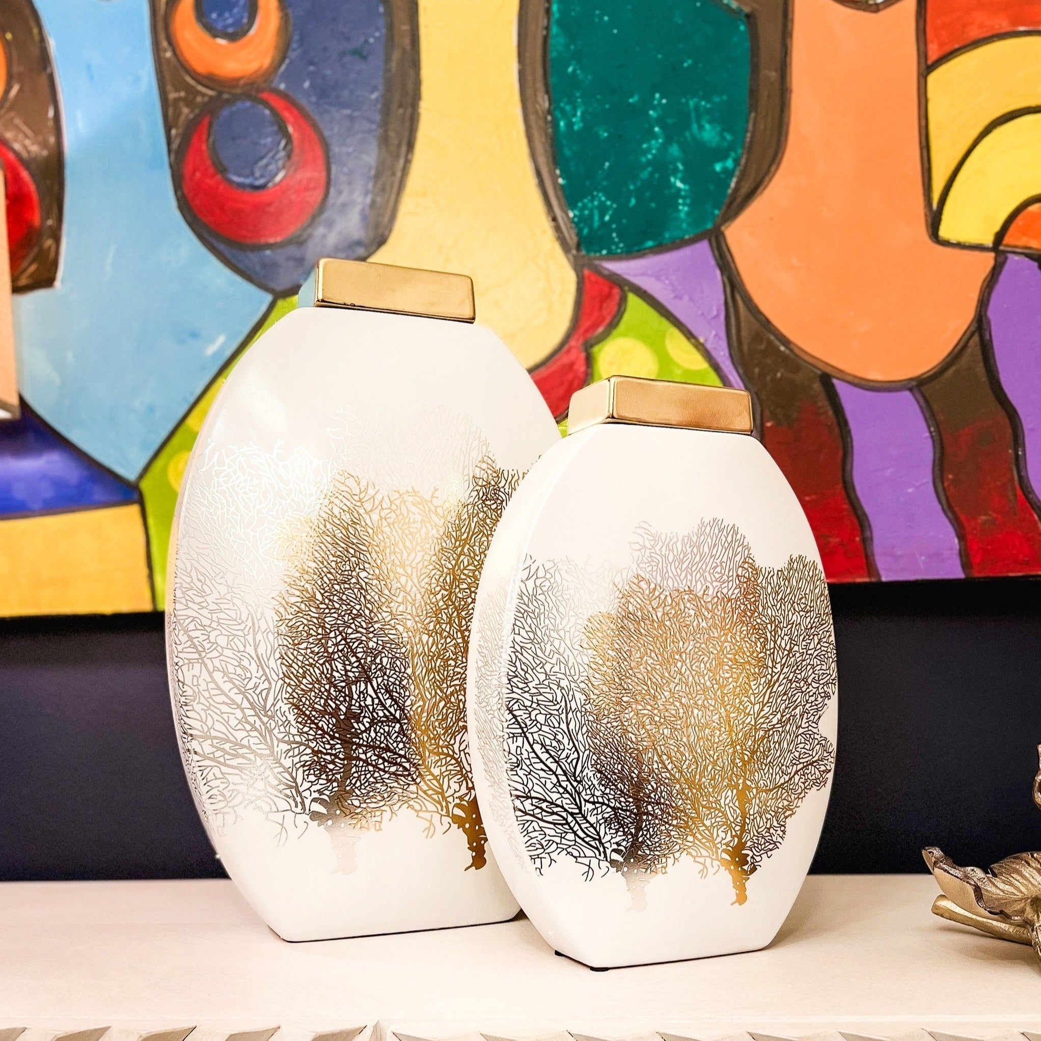 White and Gold Ceramic Vase (12”, 16") | Gold Vase Centerpiece | Large Gold Jar | White Flower Vase | Glam Vase | Housewarming Gift - DiamondValeDecor