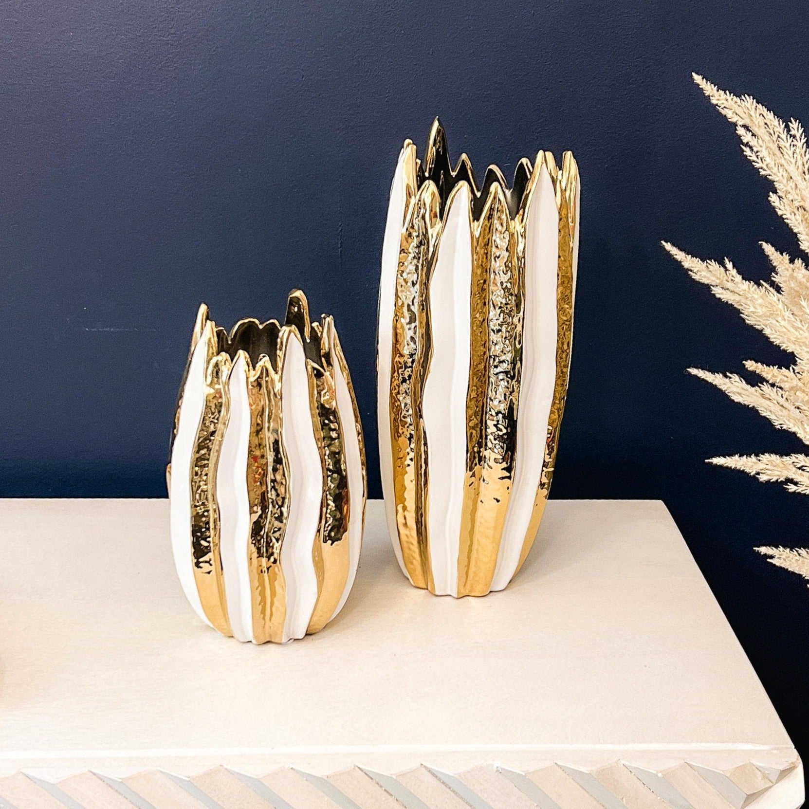 White and Gold Ceramic Vase (9", 13.5") | Gold Vase Centerpiece | Gold Flower Vase | White Vase Set | Housewarming Gift | Glam Home - DiamondValeDecor