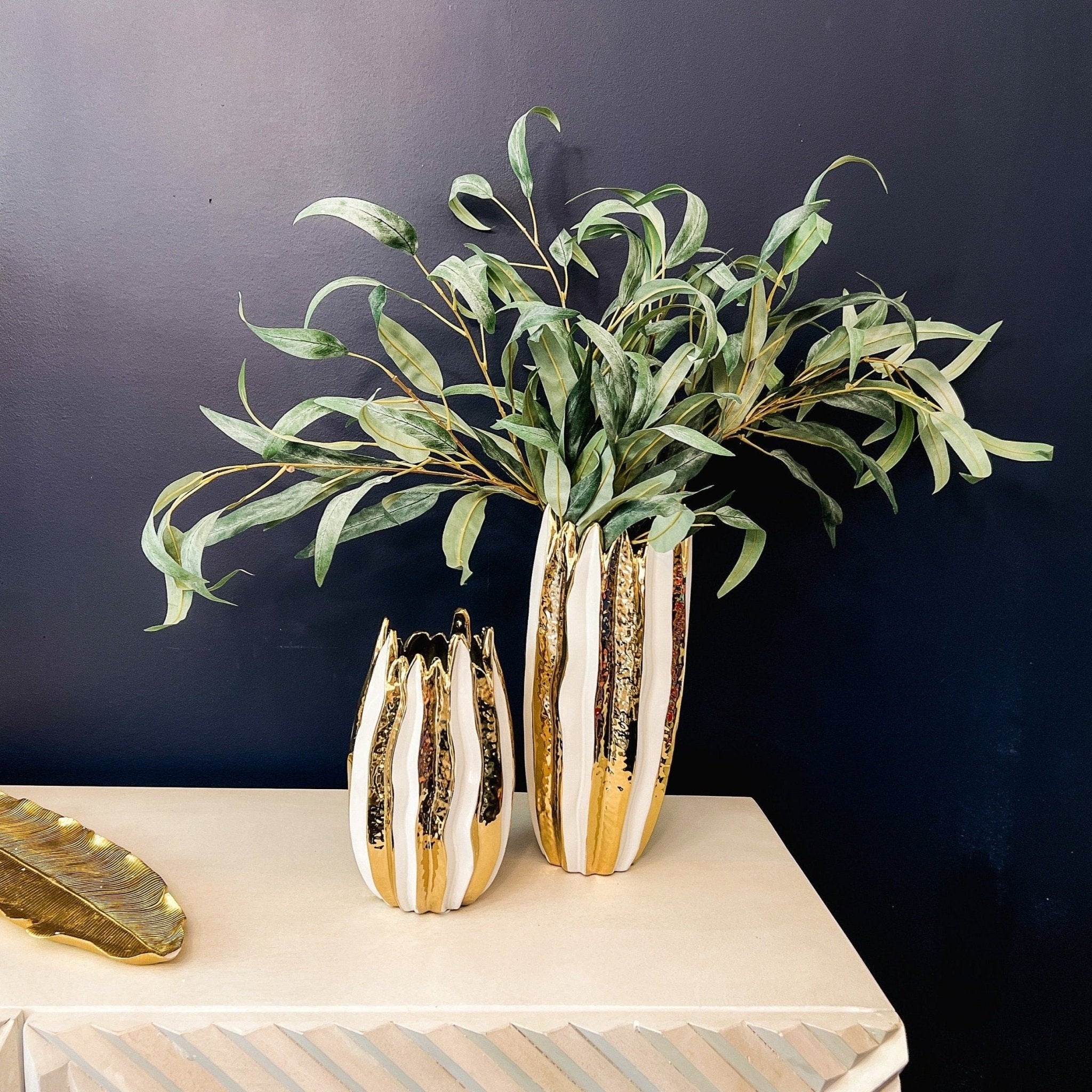 White and Gold Ceramic Vase (9", 13.5") | Gold Vase Centerpiece | Gold Flower Vase | White Vase Set | Housewarming Gift | Glam Home - DiamondValeDecor