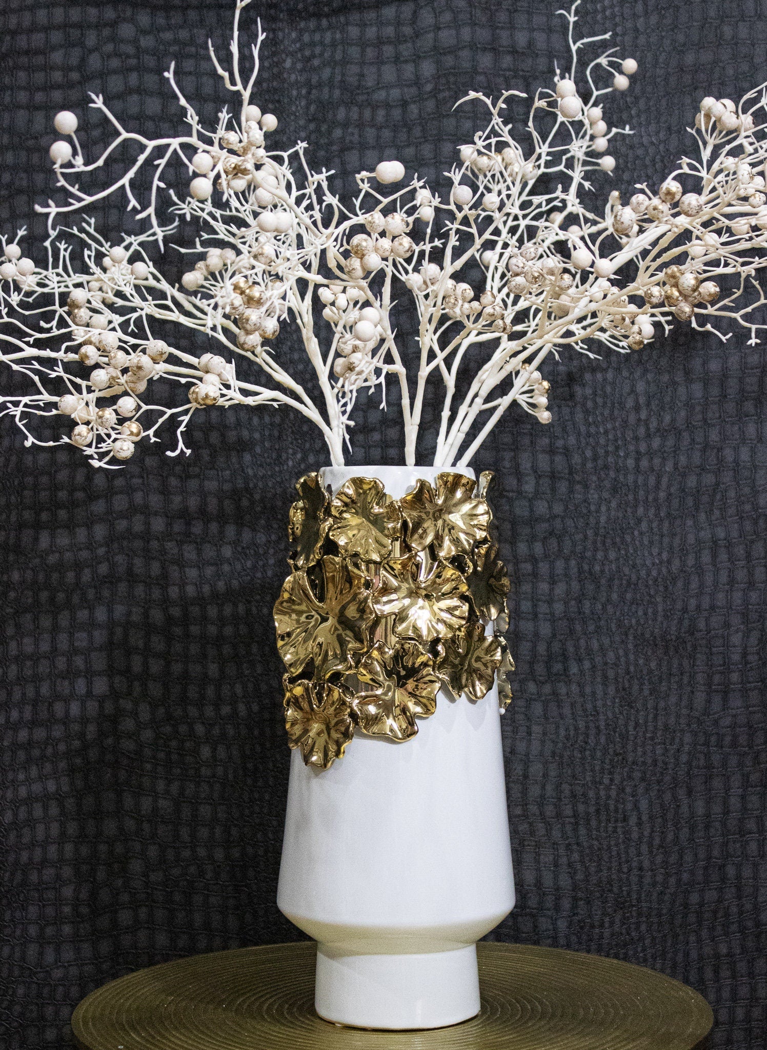 White and Gold Floral Porcelain Vase (14") | Gold Vase Centerpiece | Tall Gold Vase | White Flower Vase | Glam Vase | Housewarming Gift - DiamondValeDecor