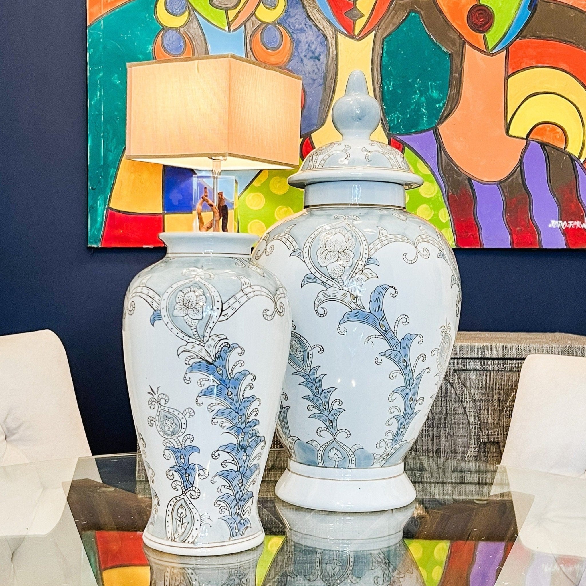 White, Light Blue and Gray Floral Ceramic Vase (12", 20") | Chinoiserie Vase | White Flower Vase | Large Ginger Jar | Housewarming Gift - DiamondValeDecor