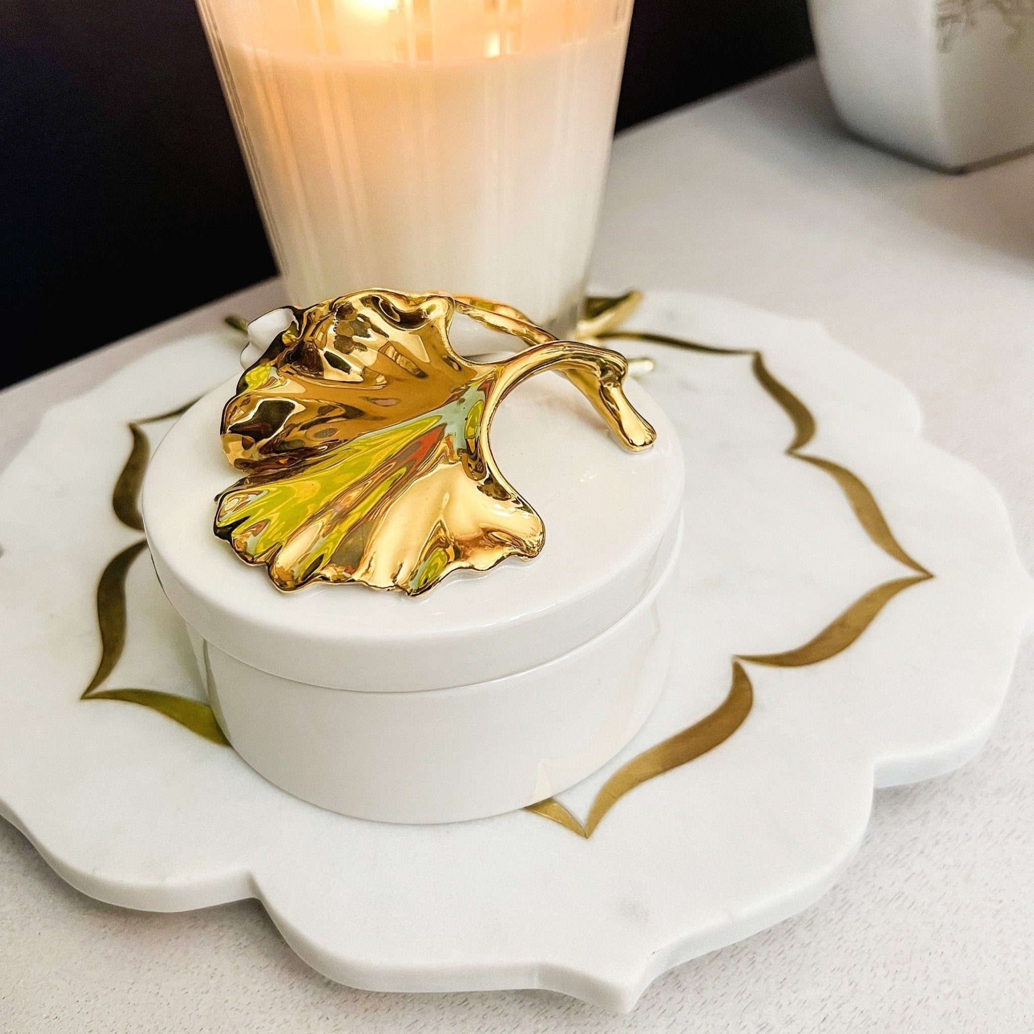White Marble with Gold Inlay Pedestal Stand (12") | Decorative Tray | Marble Serving Tray | Large Tray | Pedestal Tray | Housewarming Gift - DiamondValeDecor