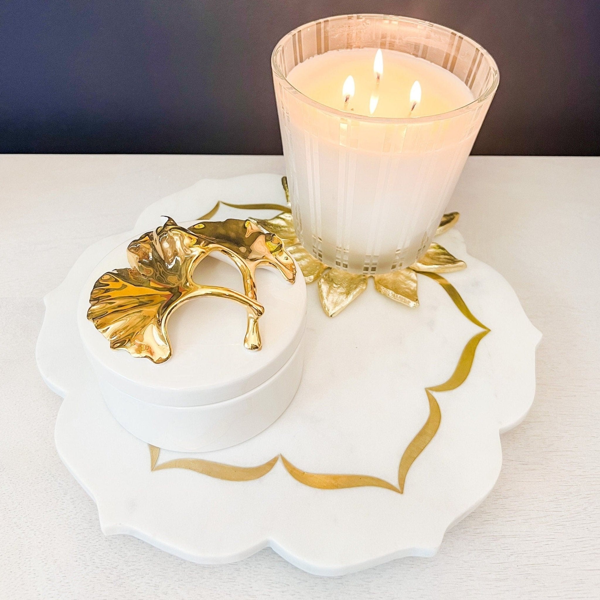 White Marble with Gold Inlay Pedestal Stand (12") | Decorative Tray | Marble Serving Tray | Large Tray | Pedestal Tray | Housewarming Gift - DiamondValeDecor