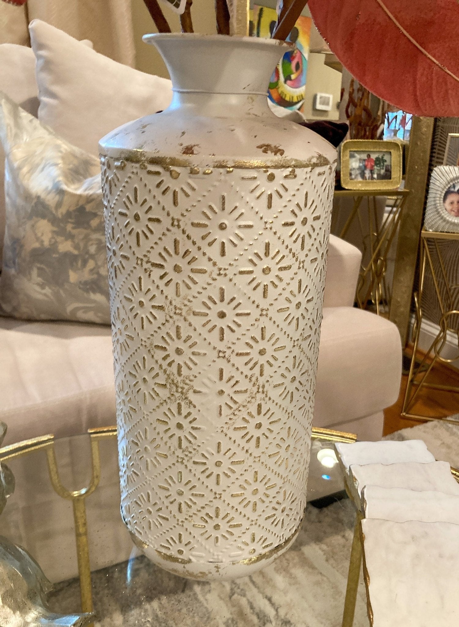 White Metal Vase with Gold Design (16") | Gold Vase | White Vase |Tall Flower Vase | Farmhouse Vase | Housewarming Gift - DiamondValeDecor