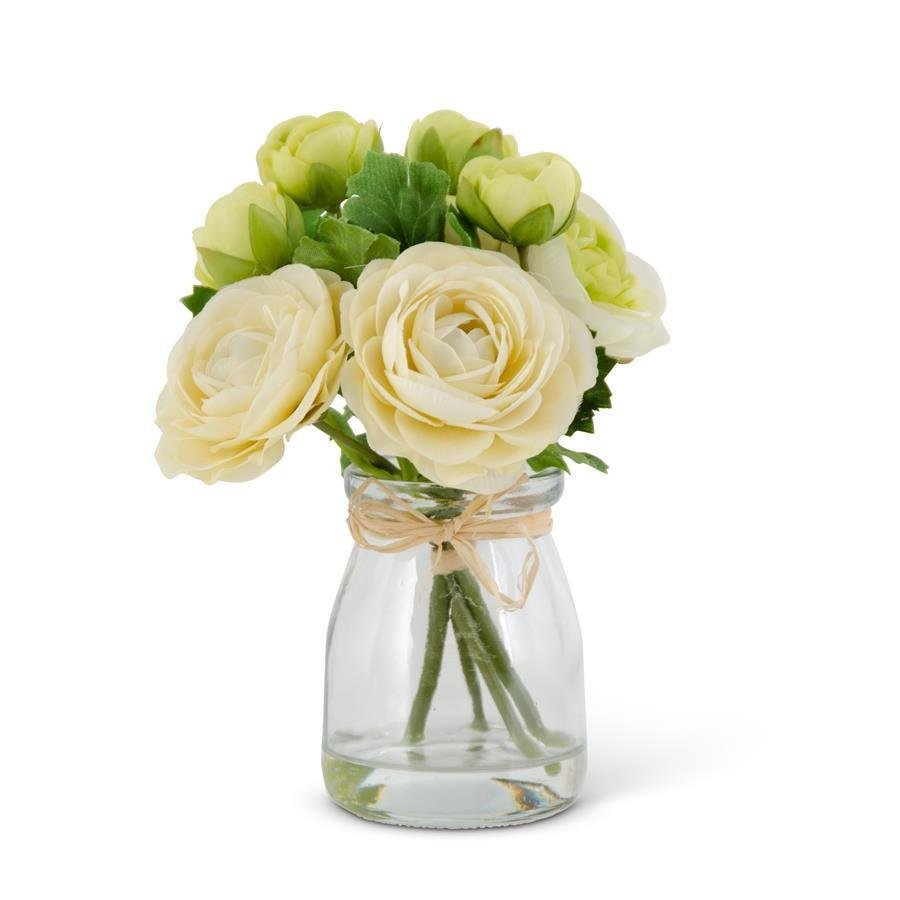 White Ranunculus Bouquet in Small Glass Jar (6.75") | Formal Table Setting | Wedding Flowers | Flowers in Mini Glass Vase - DiamondValeDecor