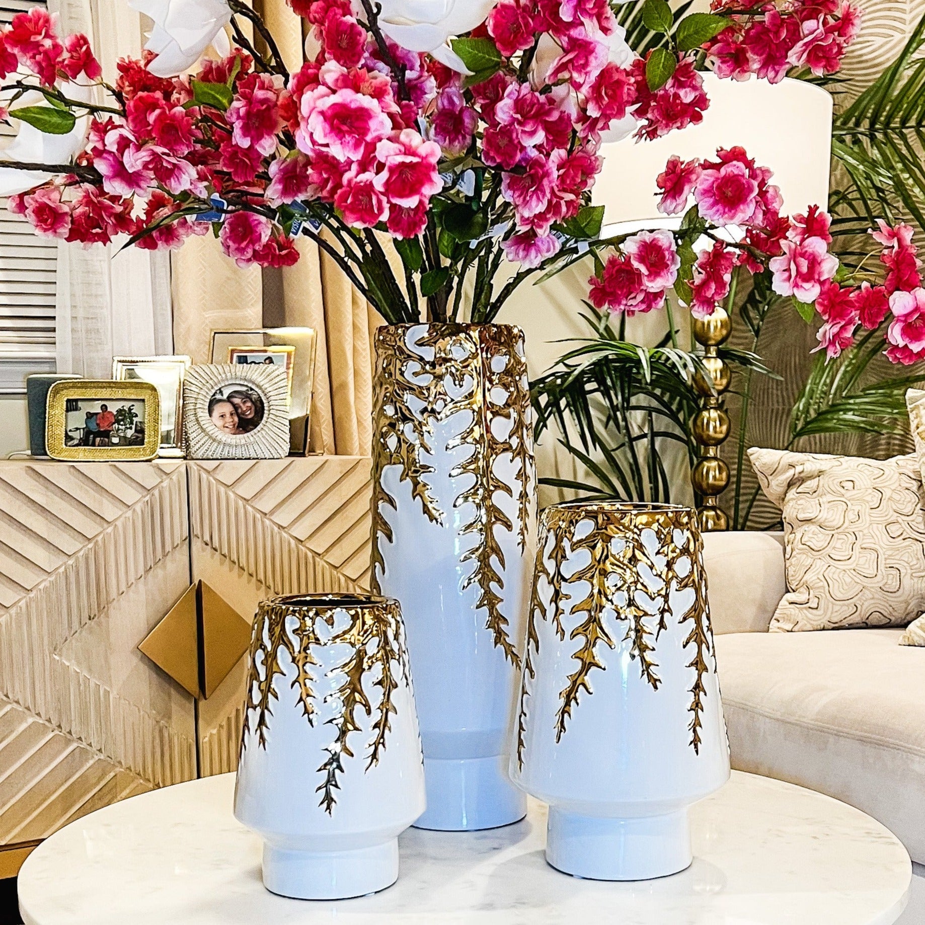 White Vases with Gold Vine Design (3 sizes) - DiamondVale