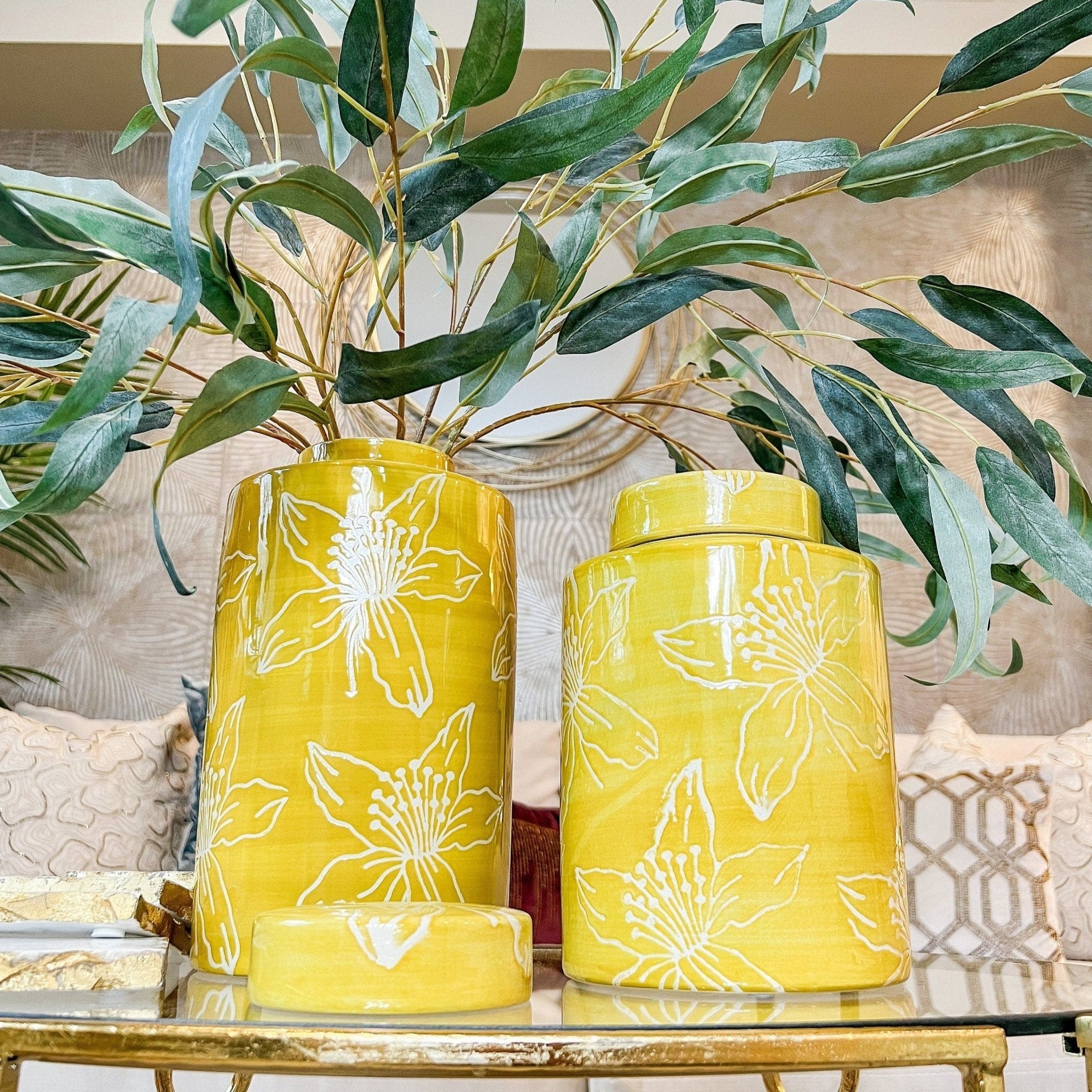 Yellow and White Floral Design Jars (2 sized available - 9", 10") | Flower Ceramic Jar | Yellow Ceramic Jar - DiamondValeDecor